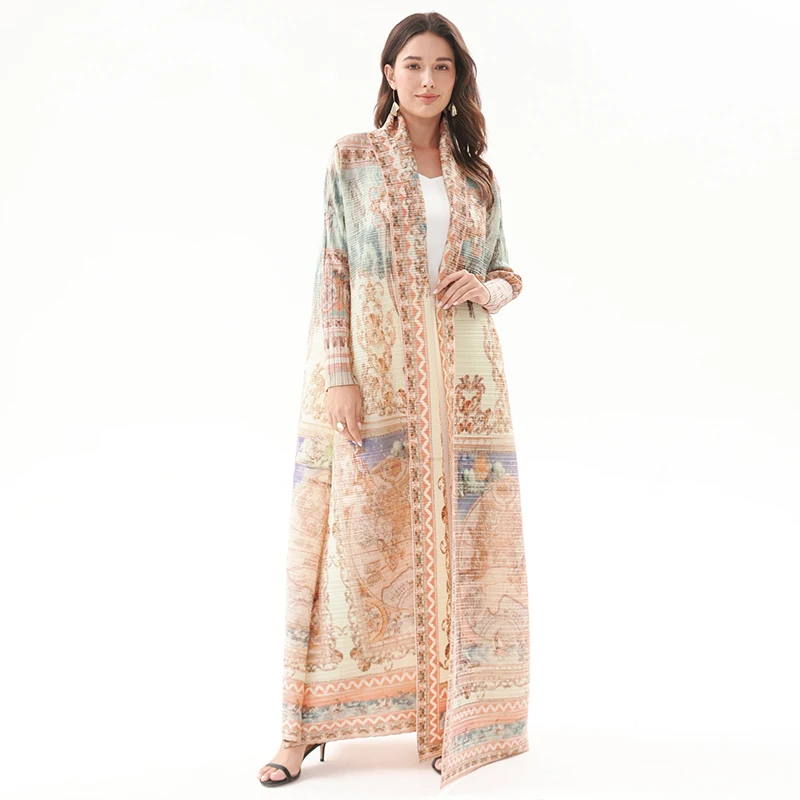 Factory Customized Miyake Open Abaya Print Kaftan Robes Pleated Lady Coat Commuting  Casual Long Dress Mid-East