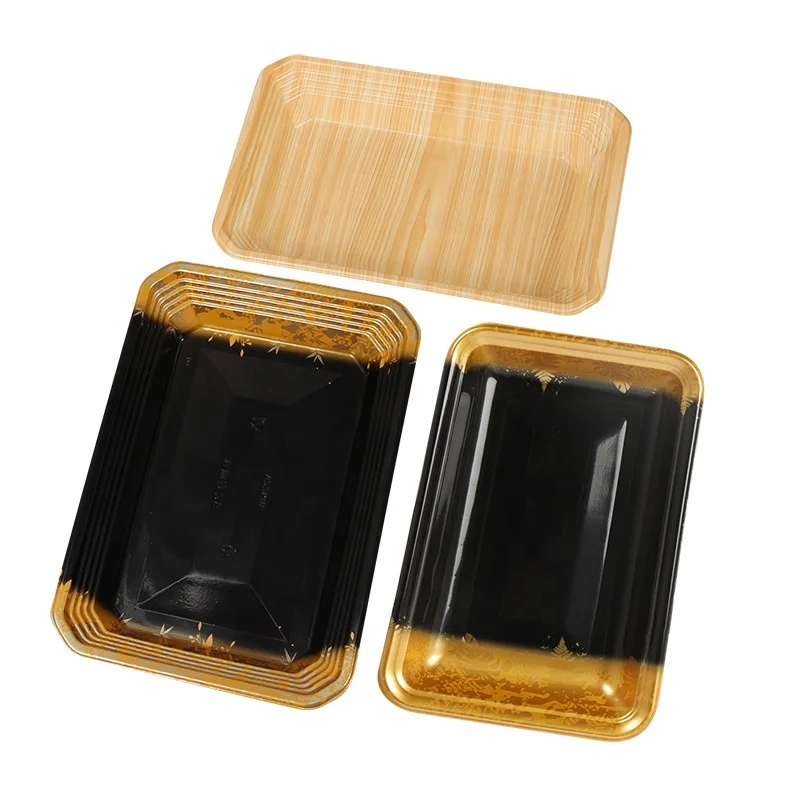 Square black gold wood grain disposable seafood fruit sushi packing box fresh tray with transparent lid