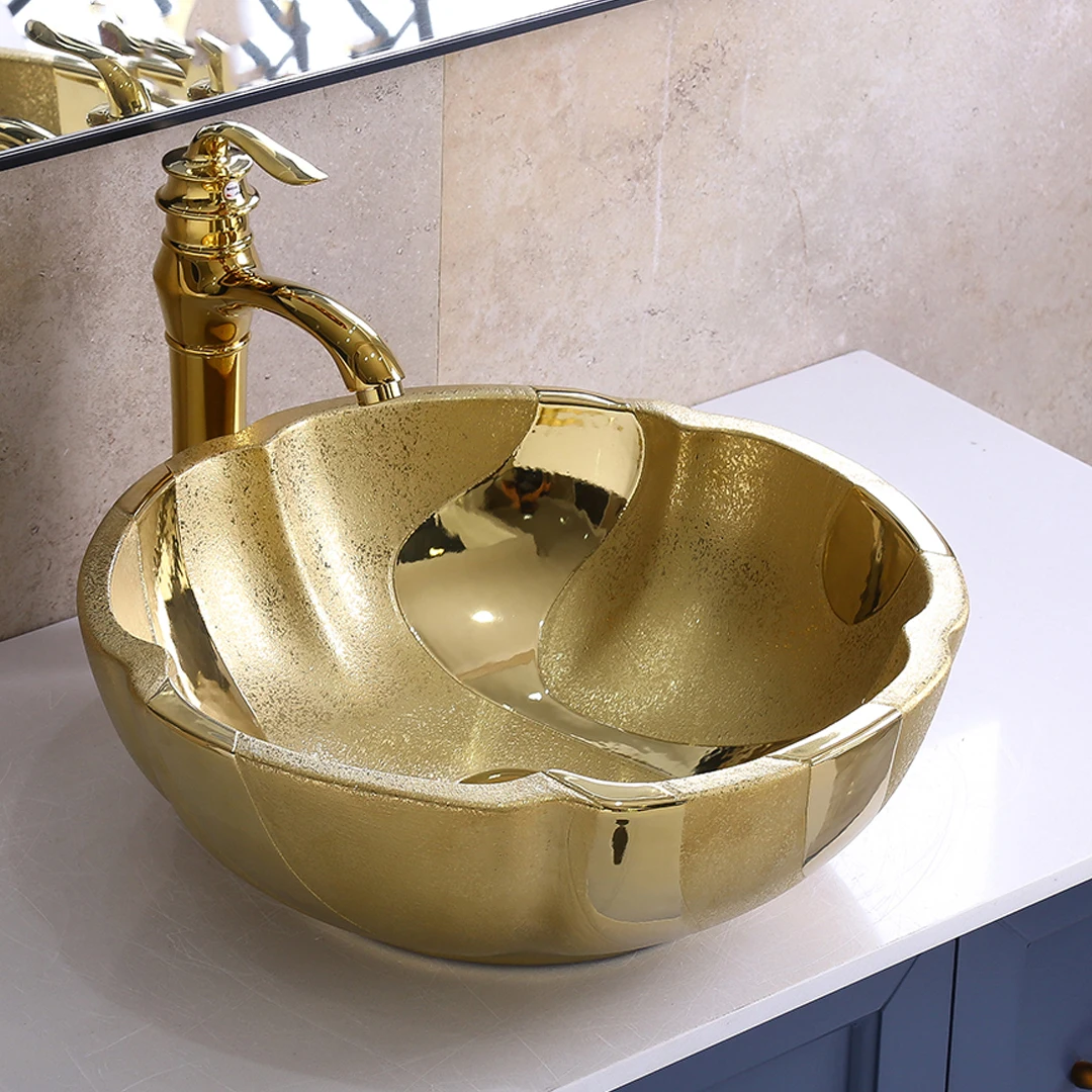 Basin color ceramic golden luxury wash basin electroplate art basin hotel sanitary ware SINK oval