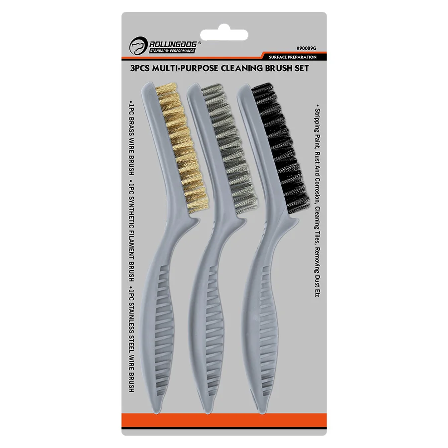 ROLLINGDOG STANDARD 90089G Synthetic Filament Brass Stainless Steel Wire Plastic Handle Cleaning 3pc Multi-Purpose Brush Se