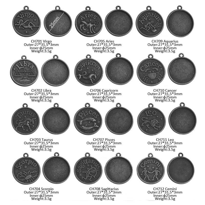 Fashion jewelry with the signs of zodiac 12 constellations metal charms antique bronze plated pendent for DIY 25mm glass stone
