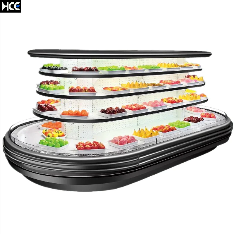 Supermarket mini round island open dairy fridge fruit display chiller island cabinet refrigerator