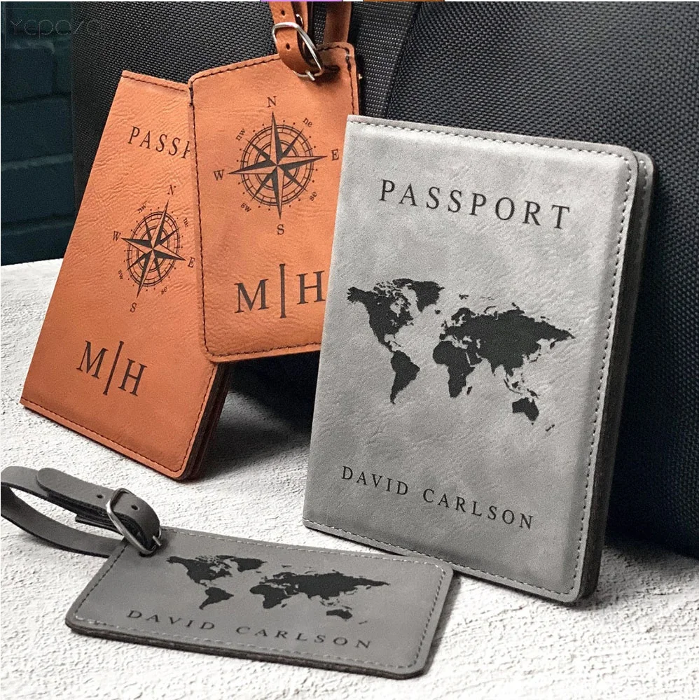 Hotel travel low Price Passport Cover Leather Card Holder Luggage Tag Coffee Grey Leather World Map Charm for Passport Cover Cus