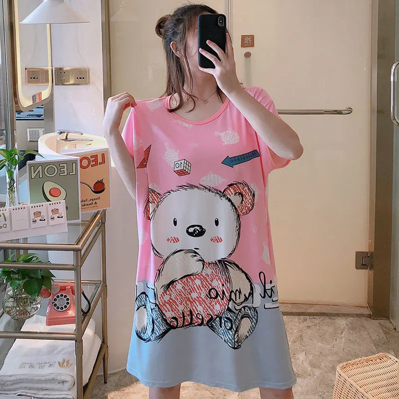 P039 Summer Plus Size Nightdress Cute Cartoon Printed Sleepwear Dress Ladies Everyday Loungewear Pajama Onesie Nightgown