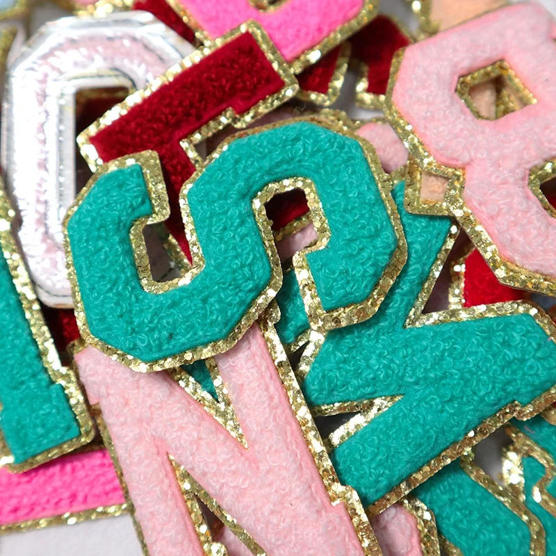 March Expo Discount 5.1cm 5.7cm 6.3cm 7cm Alphabet A-Z Glitter Patches Iron On Chenille Glitter Letter Patches For Clothing