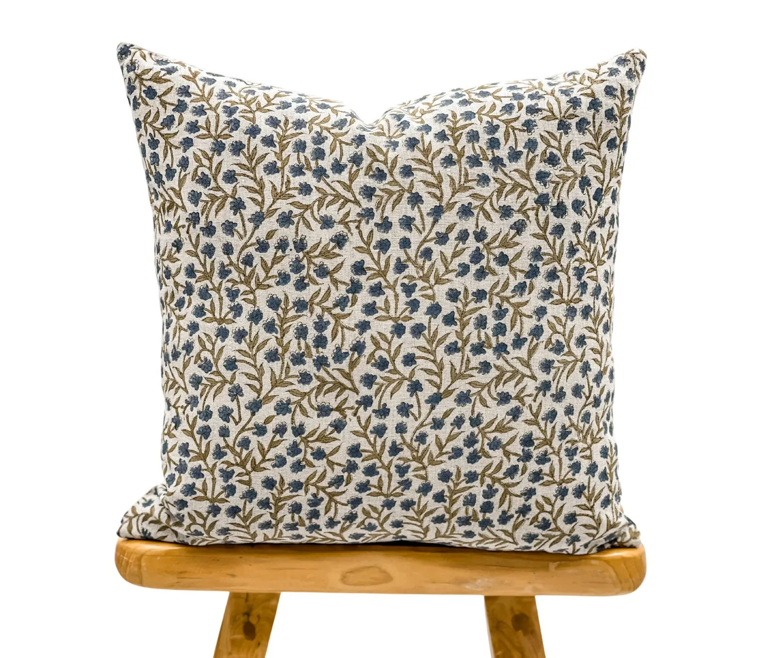 Vintage Floral Throw Handmade Block Print On Natural Linen Pillow Polyester cotton Indigo Blue and Mustard Khaki Cushion covers