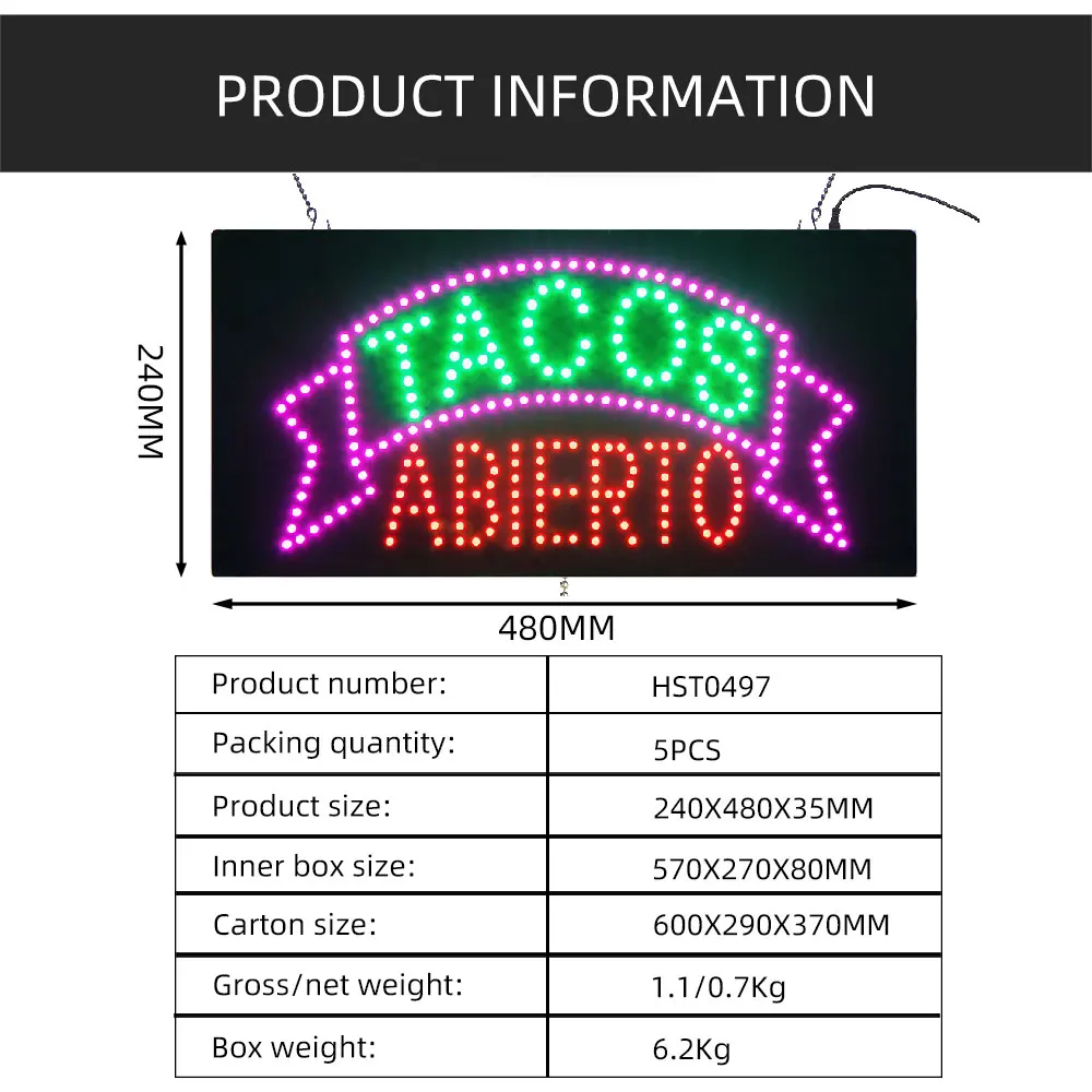 Источник экспорта светодиодный рекламный щит световой короб знак СВЕТОДИОДНЫЙ TACOS ABIRTO 24x48 см