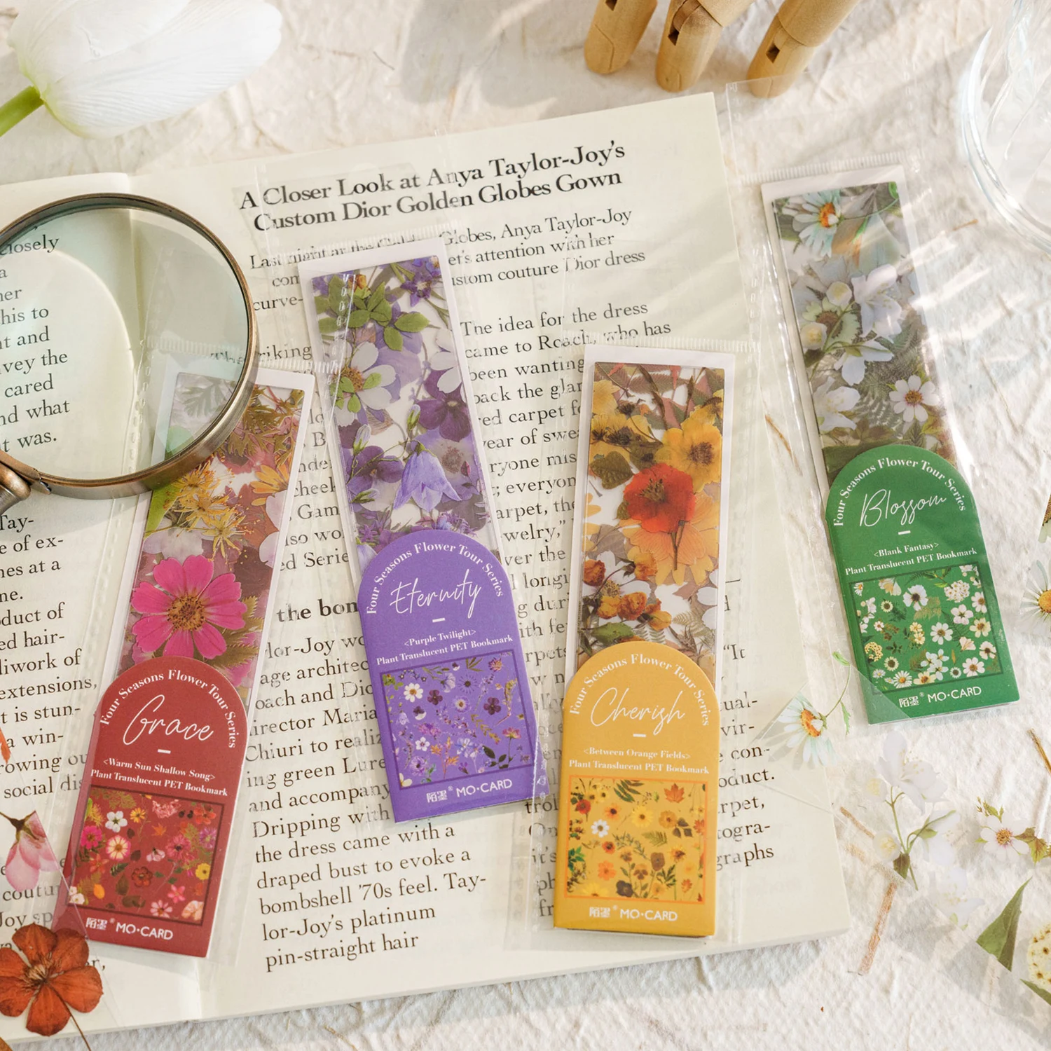 Mr. Paper 4 Designs 5 Pcs / Set PET Bookmarks Flower and Plants Series Romantic Transparent Decoration Bookmarks for DIY Craft