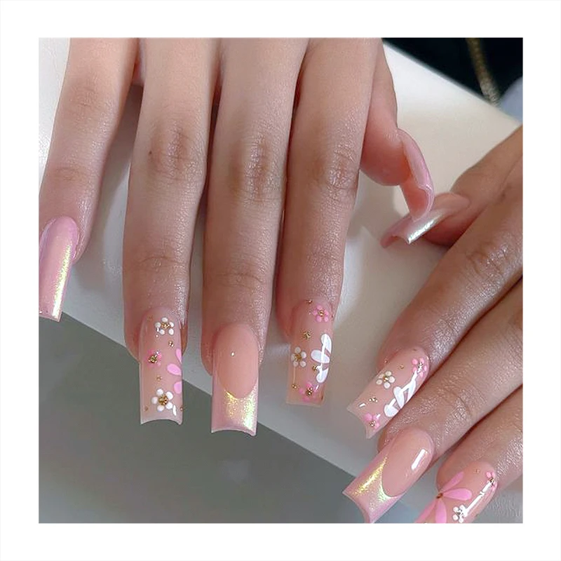 Luxury Long Coffin Press On Nails Gradient Light Blue Color Nails Tips Factory Supply Custom Wholesale Supply Vendors Fake Nails