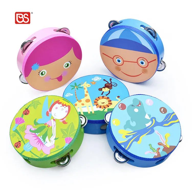 BS Wooden Tambourine Toy Hand Pan Drum Stripe Rattle Maraca Rock Band Printed Percussion Instruments For Children
