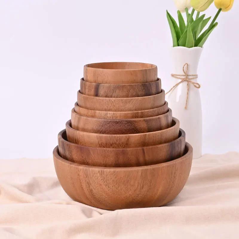 OEM Custom Luxury Kitchen Utensils Acacia Wooden Food Fruit Bowls Rice Soup Salad Serving Bowl