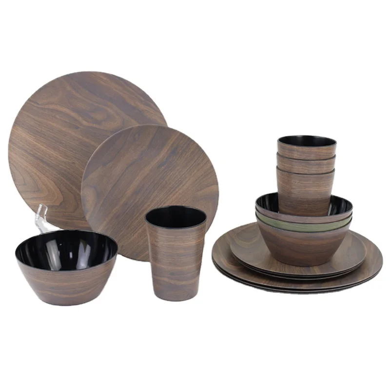 Factory direct Melamine Bamboo Fiber Wood Grain Design Outdoor Tableware  Bamboo Grain Design  Dinnerware for BBQ 12pcs set