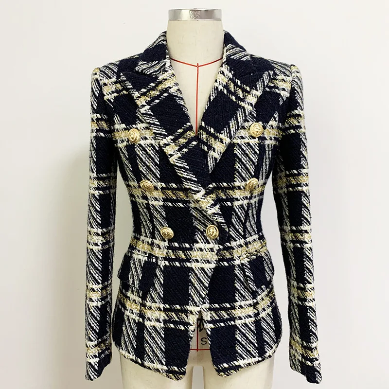 New arrivals autumn and winter fashion slim fit double breasted top quality woolen check blazer jacket for woman