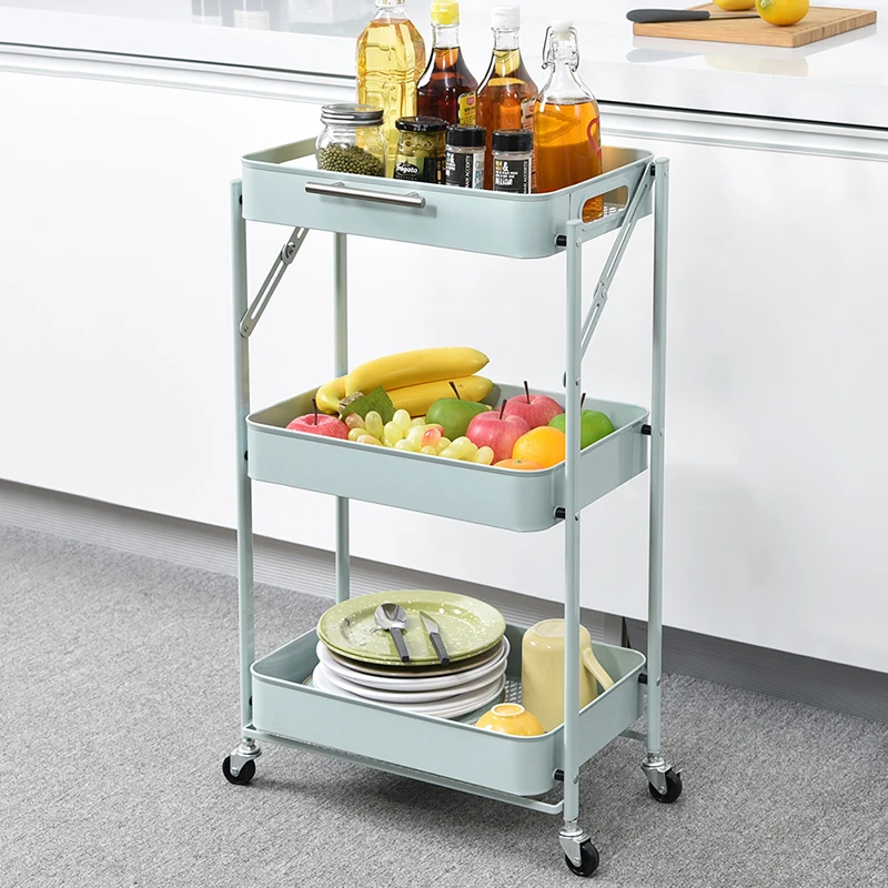 Multifunction 3-Tier Foldable Rolling Storage Rack Metal Folding Utility Trolley Organizer Storage Cart For Kitchen