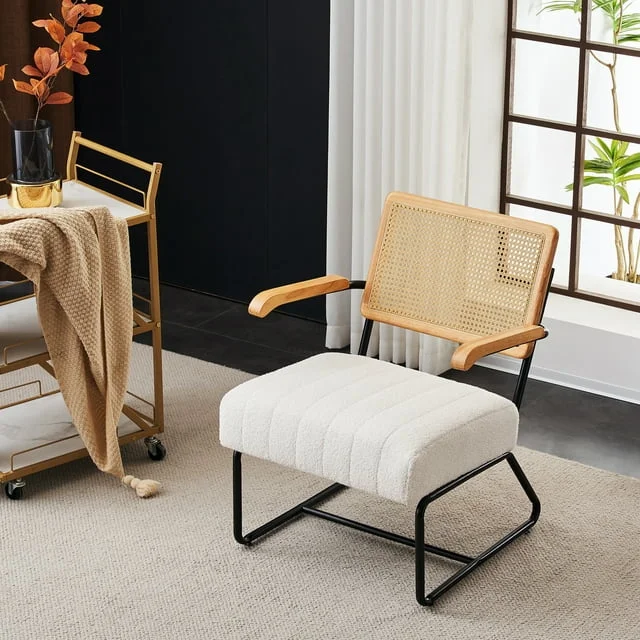 Living Room Bedroom Upholstered Sherpa Boucle Fabric Accent Chair with Rattan Backrest Solid Wood Armrest
