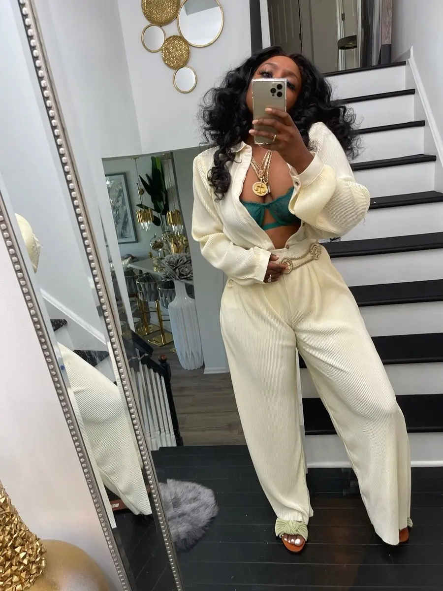 LD81060 New Arrival Casual Solid Beige White Sets Shirts and Pants Lounge Wear Fall Clothing Two Women Piece Sets