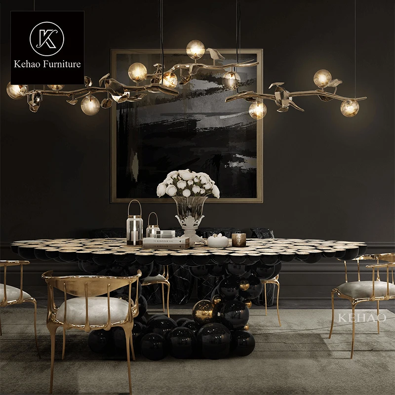 custom luxury black lacquer table 5 star hotel dining table gold-plated stainless steel ball design dining tables