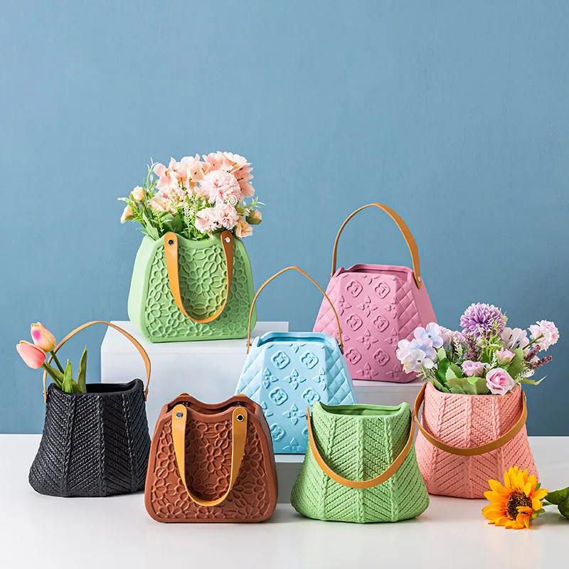 Custom Wholesale Creative Handmade Embossed Ceramic Handbag Bag Shape Flower Vase with Pu Handles