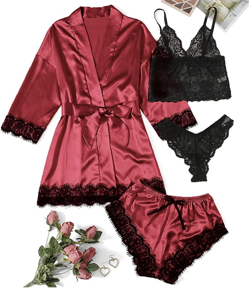 Wholesale Four Piece Pajama And Home Wear sexy lace lingerie Bathrobe Luxury Silk Satin Women Bridal 4 piece Sleepwear Robe Set
