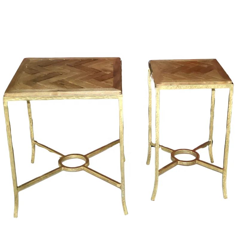 wholesale coffee table set 2  modern square wooden top metal steel side table for living room metal forged iron smart table