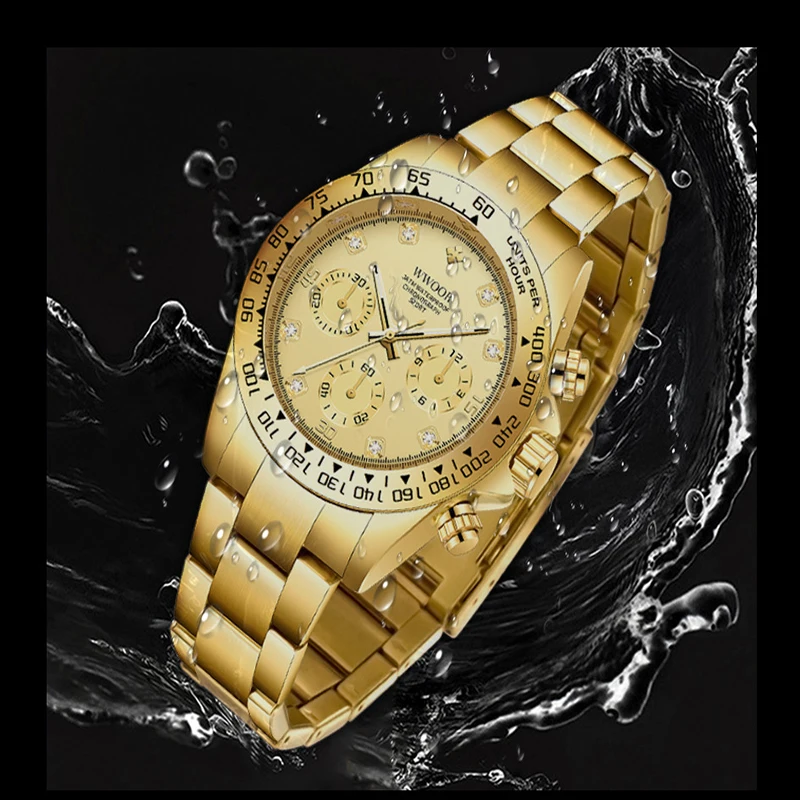 High quality wwoor gold quartz luxury charm chronograph second hand watch sports stainless steel men waterproof quartz watch