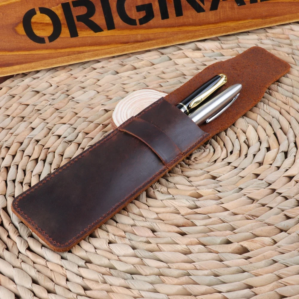 In Stock Hot Sell Leather Pencil Case Holder Handmade Fountain Multi Pens Pouch Crazy Horse Leather Pen Protective Sleeve Cover