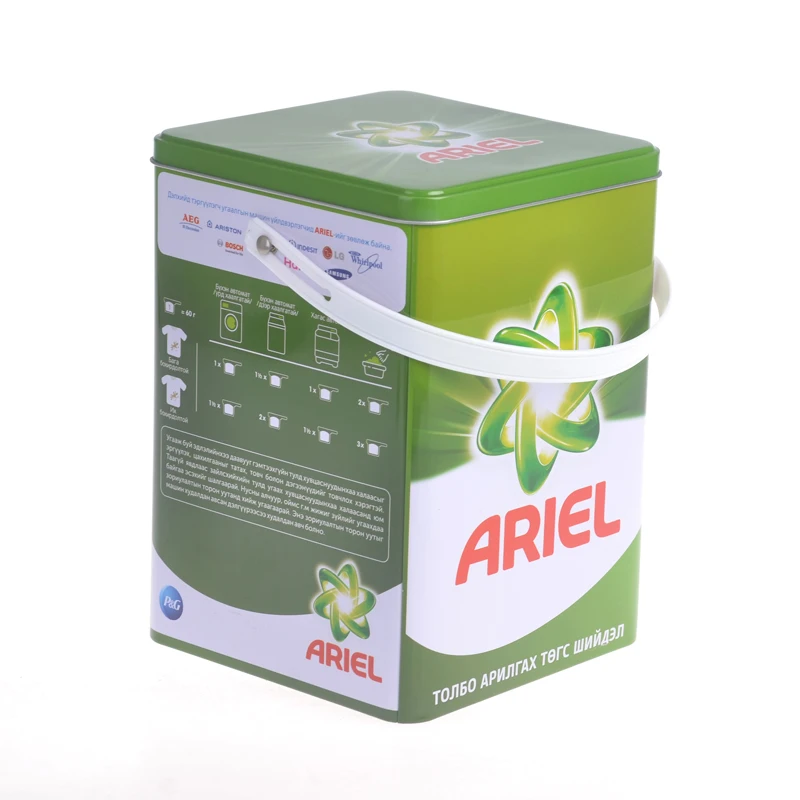 Laundry washing powder metal tin box packaging detergent tin container with plastic handle