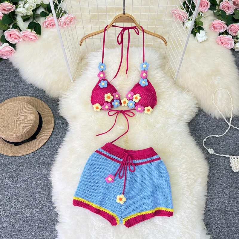 Sexy Women Halter Backless Crop Top+ Mini Knitted Short Flower Vacation Wear Hair Bow Summer 3 Piece Short Set