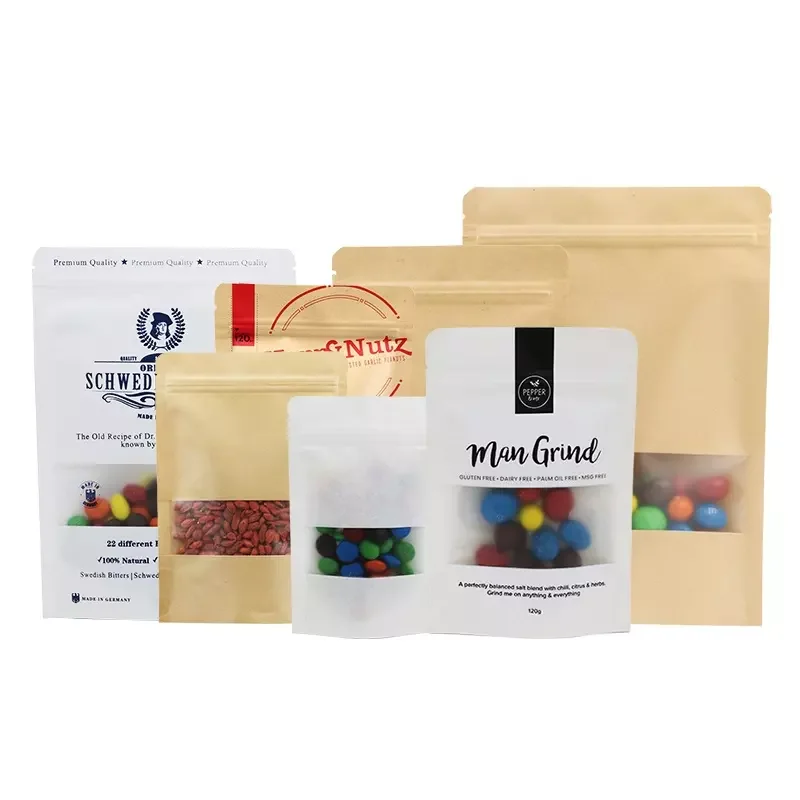 Bolsa kraft Wholesale Custom Window Nuts Cereals Candy Brown Independent Standing Up Pouches Craft Food Packaging