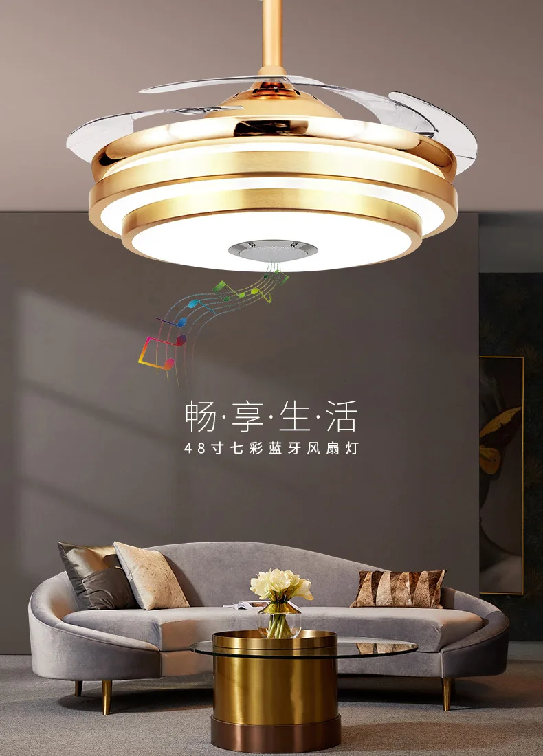 Retractable Ceiling Fan With Light And Speaker  Changing Color Led Fan Chandelier With Remote 36w (42 Inch)