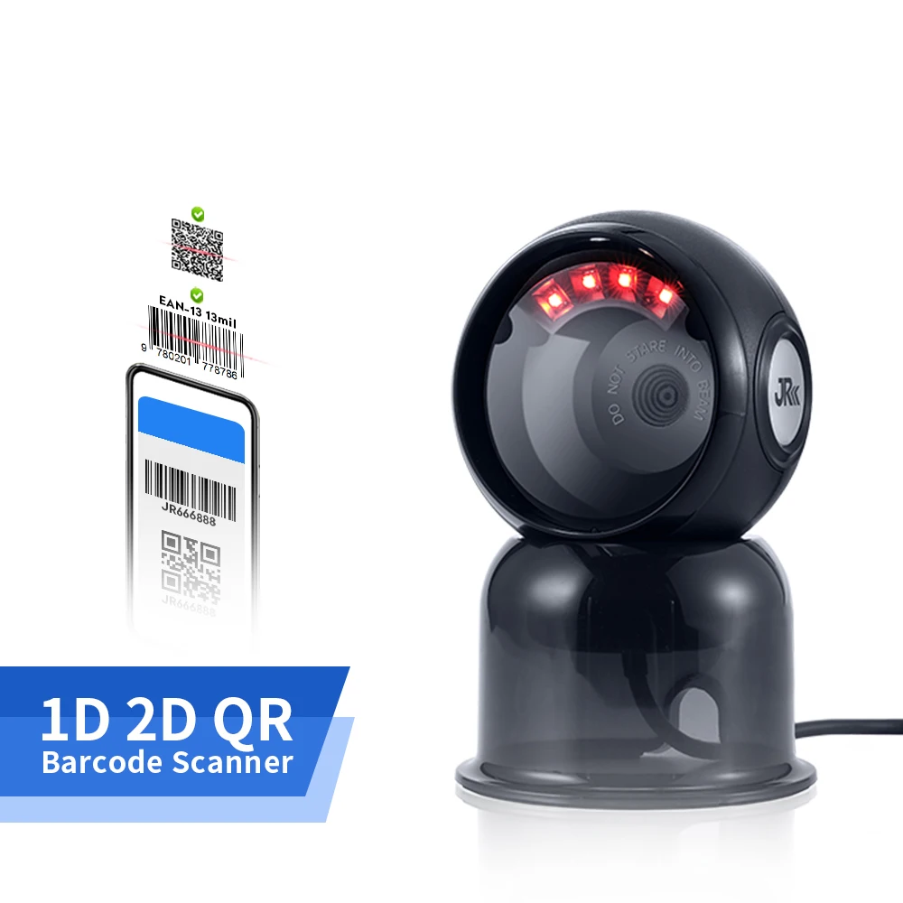 JR OEM Desktop Corded Qr Code Scanner Reader 2D QRCode Omnidirectional barcode scanner scanning bar code scanner for supermarket