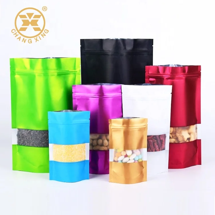 
Stock Colorful Stand Up Aluminum Foil Food Packaging Pouch Bags With Window  (1600229717083)