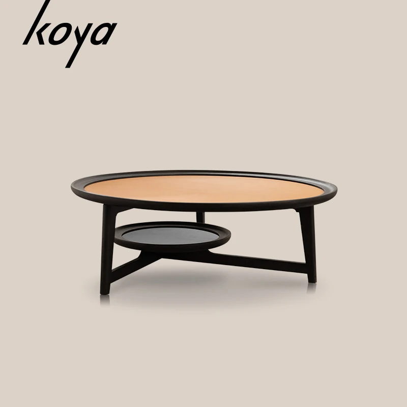 Modern Luxury Nordic Design Living Room Leather Top Wooden Round Center Table Coffee Table