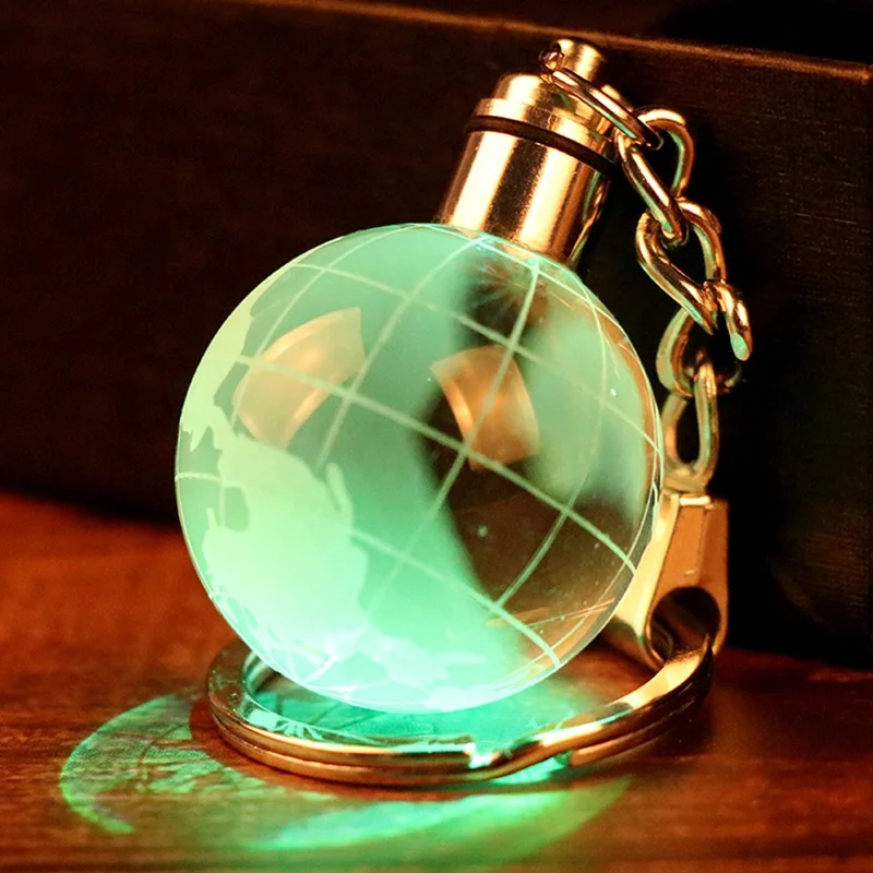 Led Flashlight Ball Shape Crystal Glass Key Chain Global Crystal Ball Keychain For Promotion Gift