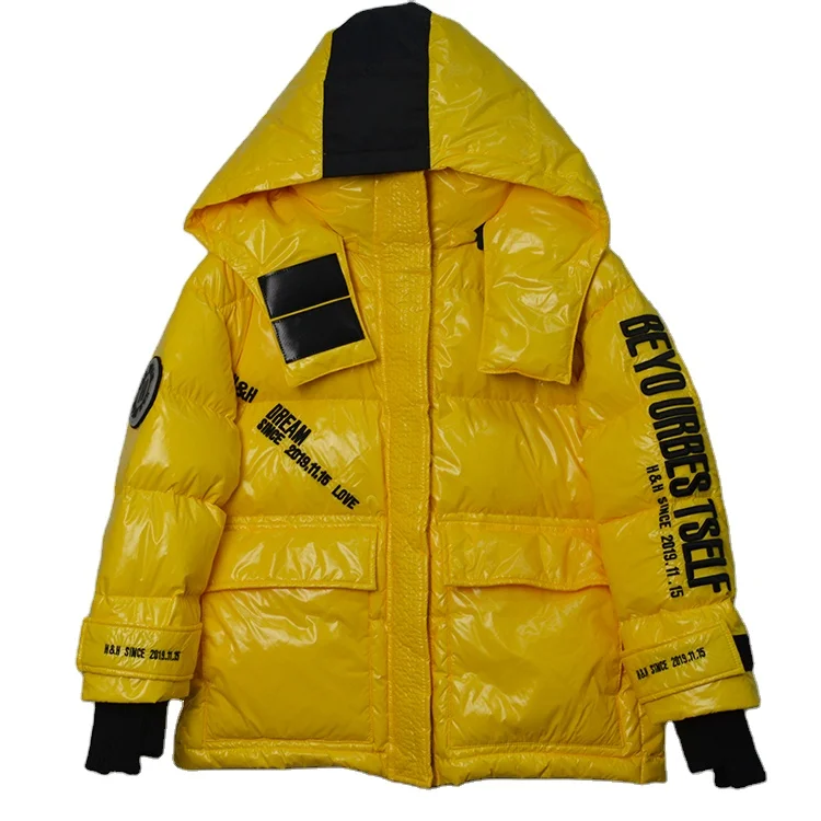 Yellow shiny waterproof puffer winter duck down jacket 3D embroidery bubble down coat women
