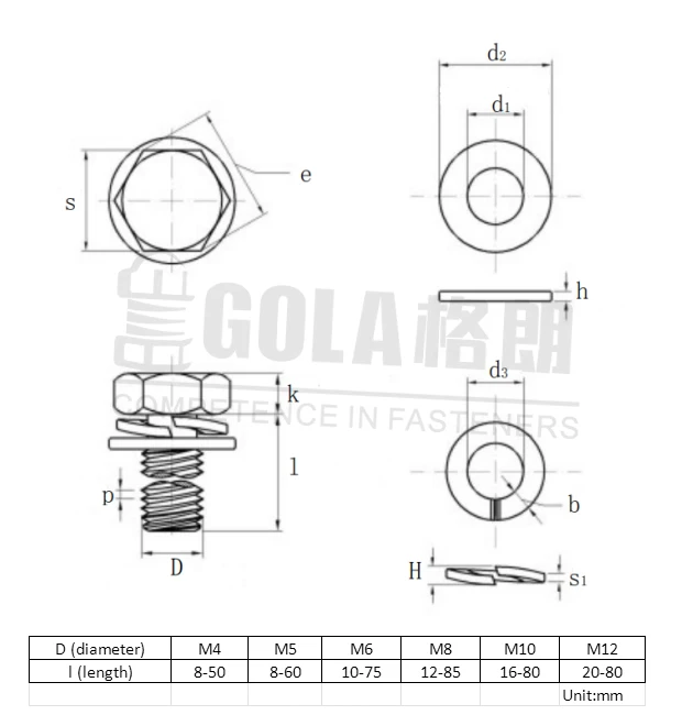 Hardware Part M4 M5 M6 M8 M10 M12 Bolts Stainless Steel 316 Hexagon Head Bolt with Captive Washers