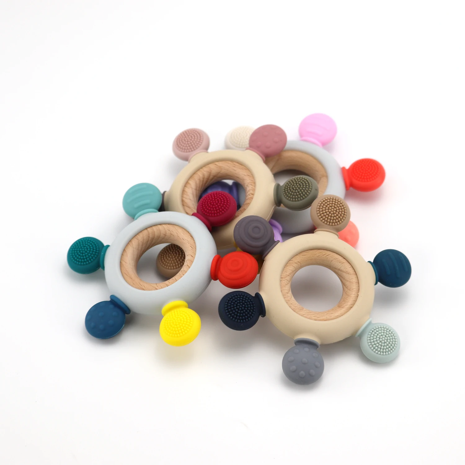 Baby Teethers Toy Teething Ring Grasping Teething Toy BPA Free Silicone Rudder with Wooden Ring