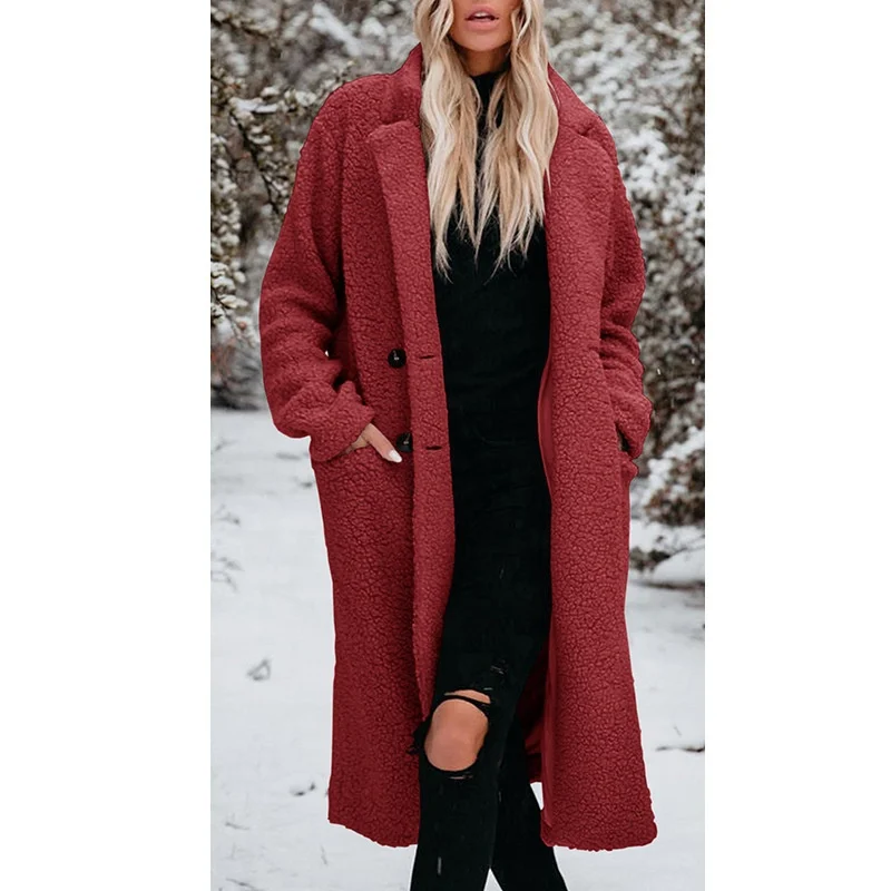 Custom Color Blue Black Wine Red Plush Fleece Double Breasted Long Coat Women Fashion Clothing Lapel Collar Jacket With Pocket