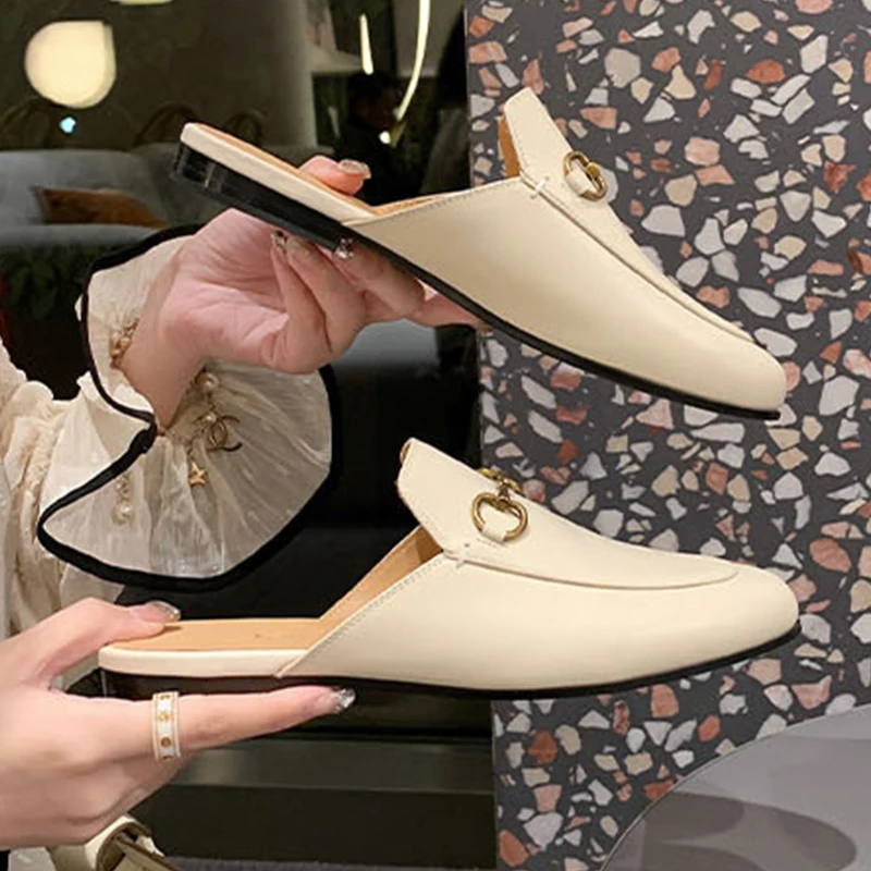 High Quality Lady Leather Mules Slipper Outdoor Casual Wear Summer Women Genuine Leather Flat Mules Shoes
