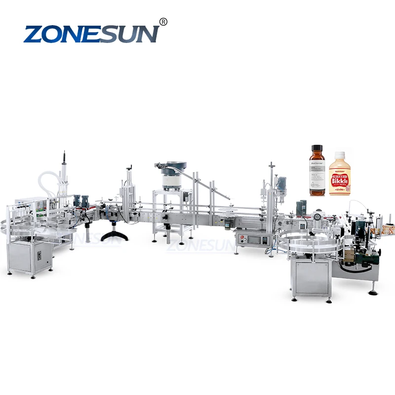 ZONESUN ZS-FAL180D6  Automatic U Shape 4 Heads Juice Soy Sauce Essential Oil Bottle Liquid Filling Line With Bottle Unscrambler