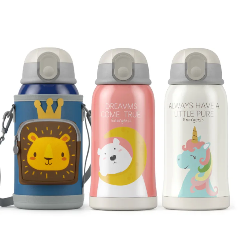 New Smart Children Vacuum Flask 304 Stainless Steel Cartoon Cute Children Water Bottle with 3 Lid and Straw