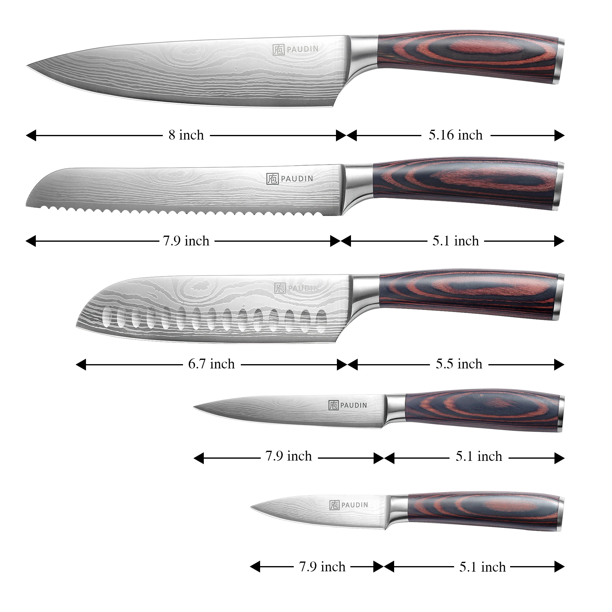 Professional Custom 5PCS Ultra Sharp Stainless Steel Blade with wooden handle Kitchen Knives Set Utility Chef Knife