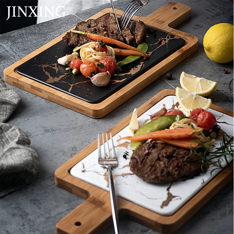 Best Selling Home Black Ceramic Round Pizza Plate Wooden Tray With Handle Nordic Steak Western Dinner Plate
