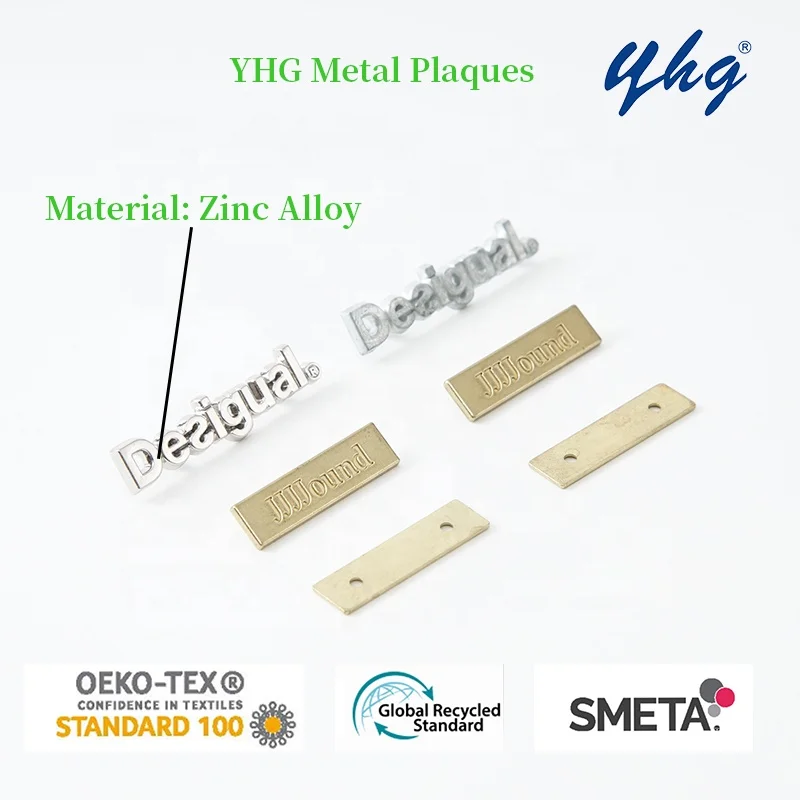 YHG Embossed Tag Plate Zinc Alloy Letter Custom Logo Rivet Metal Label Plaque for Clothes Coat Handbags