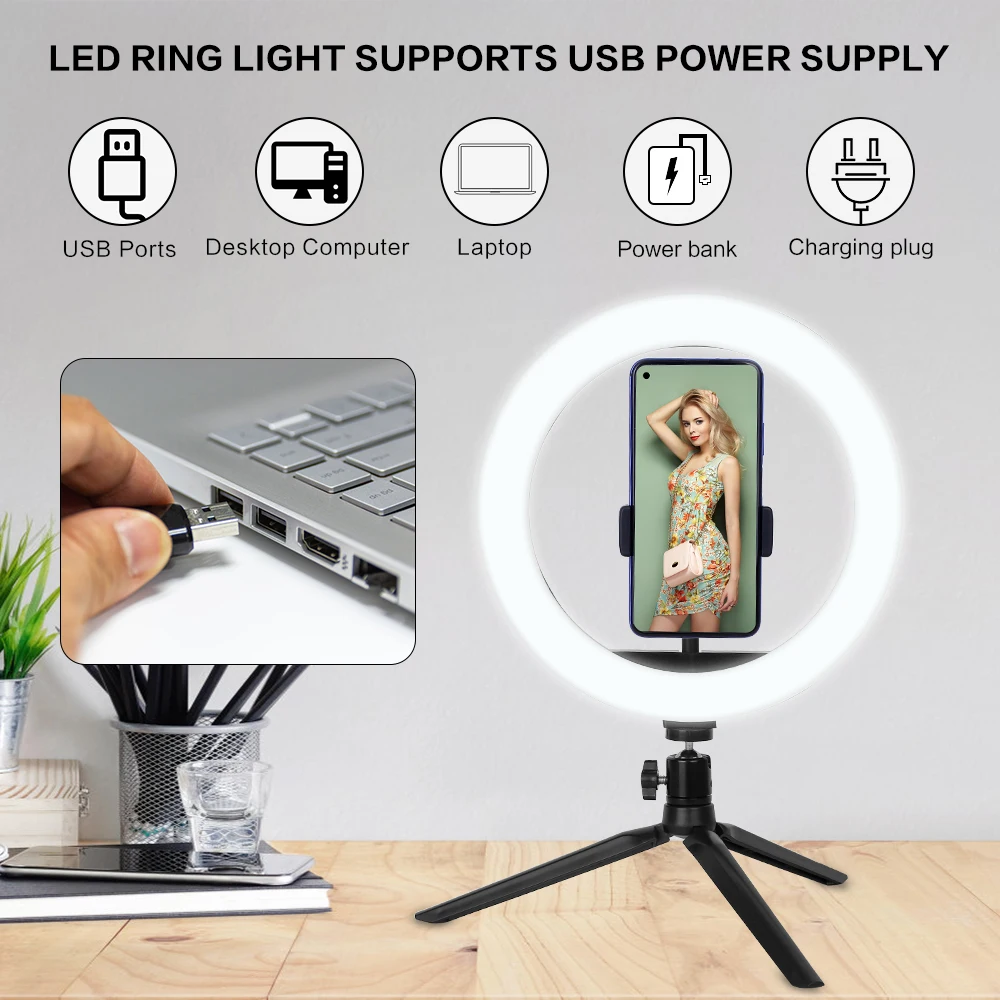 360 Degree Rotational Thermal Design 3800-6800K Multistage Dimming Ring Light With Retractable Height Tripod Stand For Live