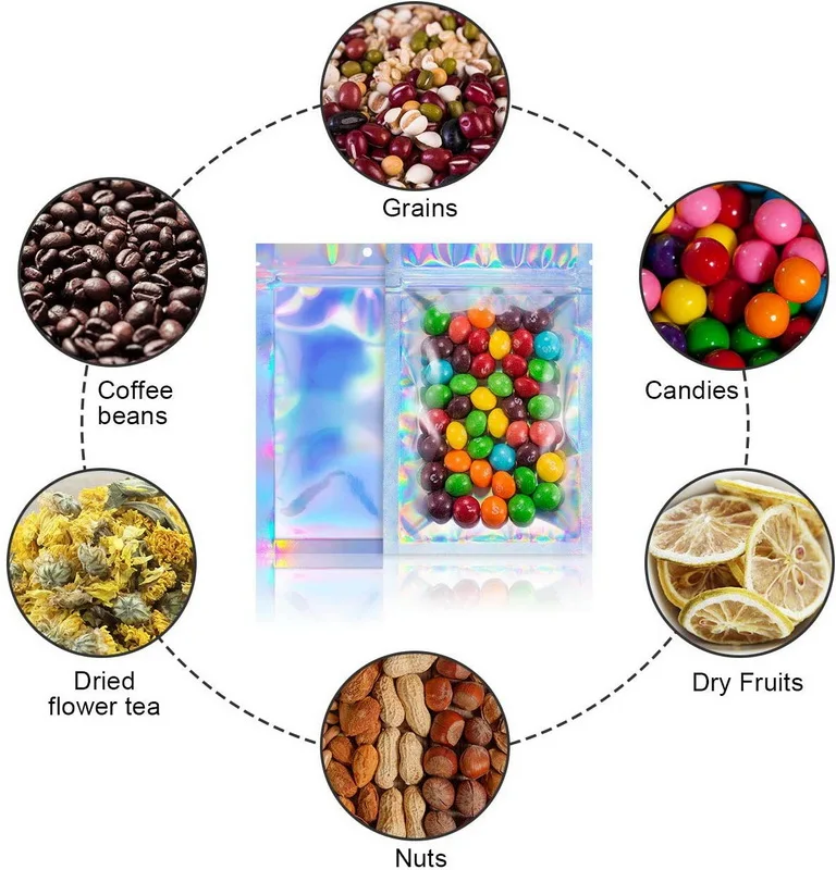 
custom resealable transparent cosmetic holographic packaging bag pouch/holographic zip lock bag self adhesive zipper bag 