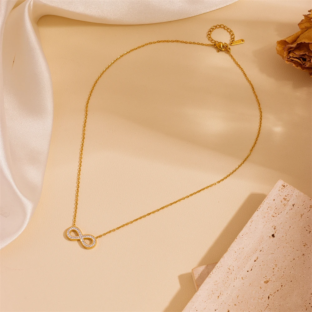 Factory price High Quality Crystal 18k Gold Plated Stainless Steel eight 8 shape with stone Love Necklace For Women Jewelry