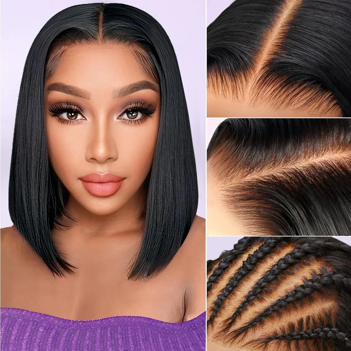 Straight Bob Wig Human Hair 4x4 Lace Front 180 Density Pre Plucked Baby Hair Natural Color