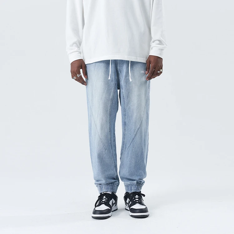 Loose blue black comfortable elastic waistband trousers ankle banded washed custom casual denim jeans pants for men