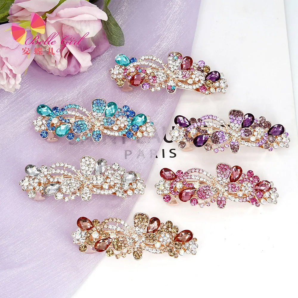 BELLEGIRL hot sale new trend custom packaging hair accessories wholesale sparkling Butterfly large diamond set crystal hair clip